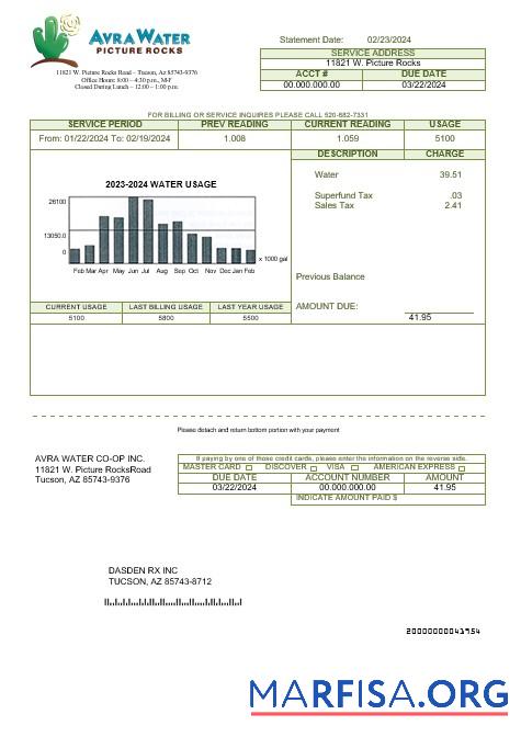 Realistic USA Arizona Avra Water business utility bill template in Word and PDF formats